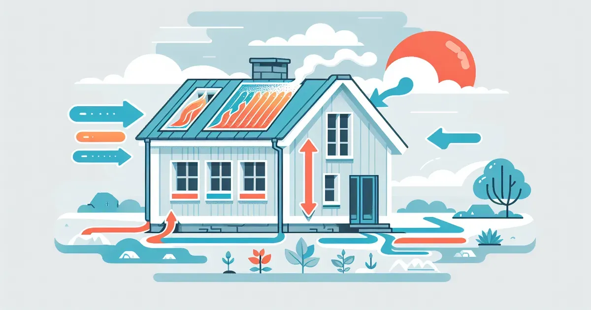 Illustrazione di una casa con frecce che indicano la dispersione termica da tetto, pareti e finestre