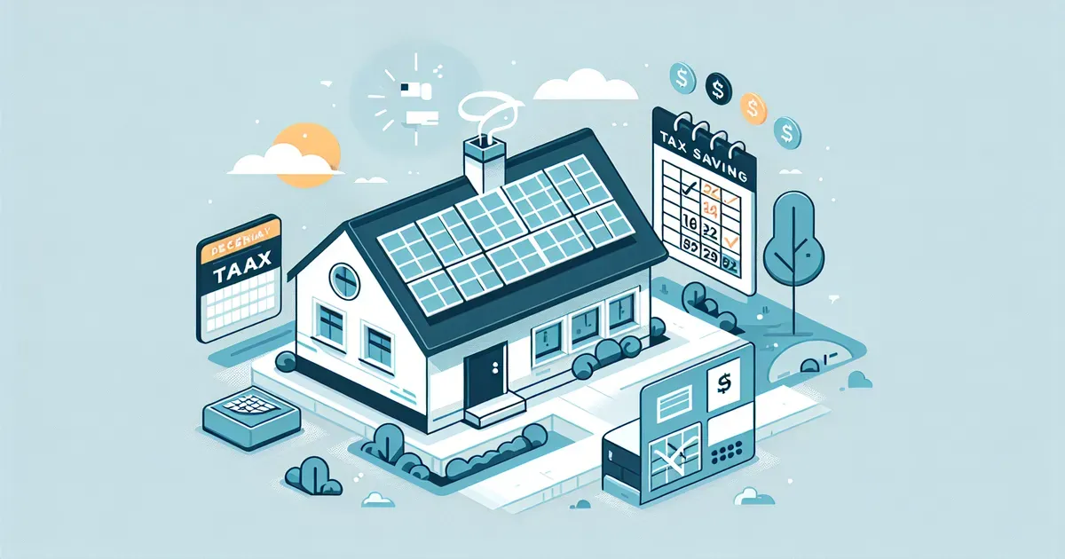 Illustrazione vettoriale flat di una casa con pannelli solari sul tetto affiancata da un calendario decennale e simboli di risparmio fiscale, su sfondo chiaro