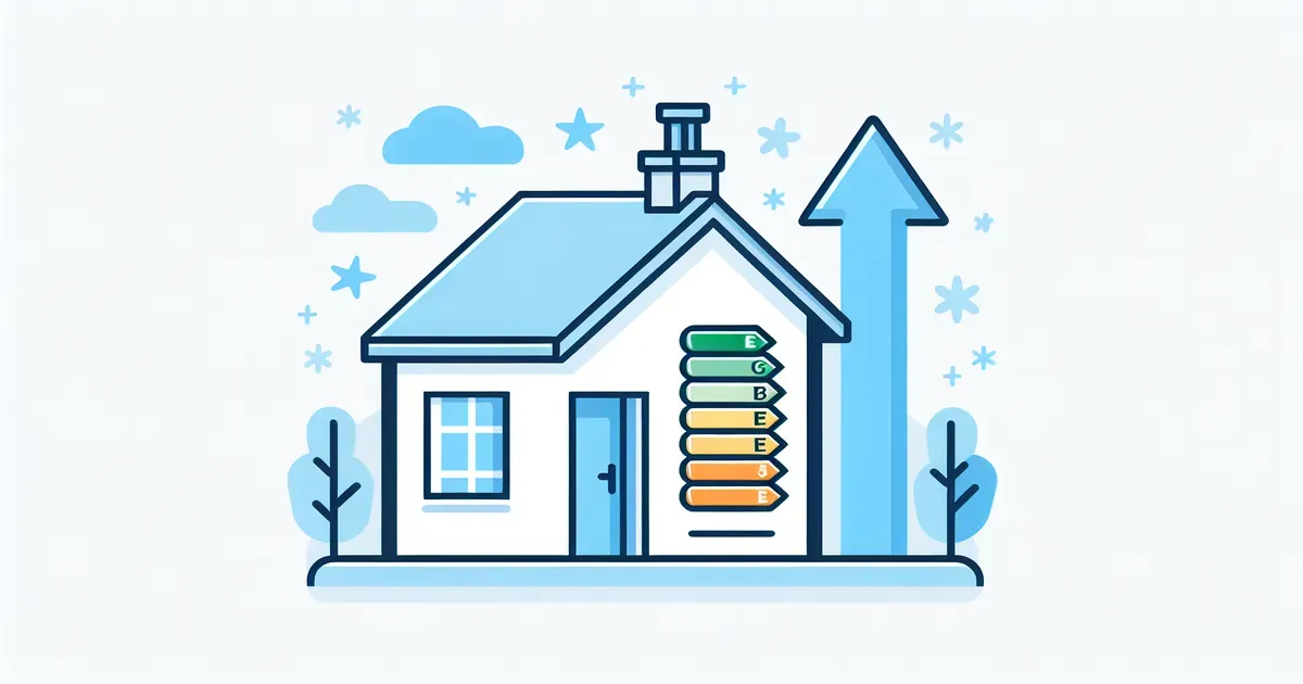 Rappresentazione grafica di una casa con classi energetiche e freccia ascendente che simboleggia l'aumento del valore immobiliare