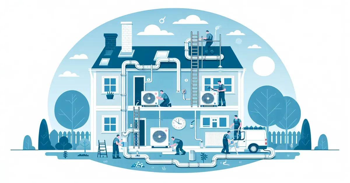Illustrazione delle fasi di installazione di una pompa di calore domestica, dal sopralluogo al collaudo