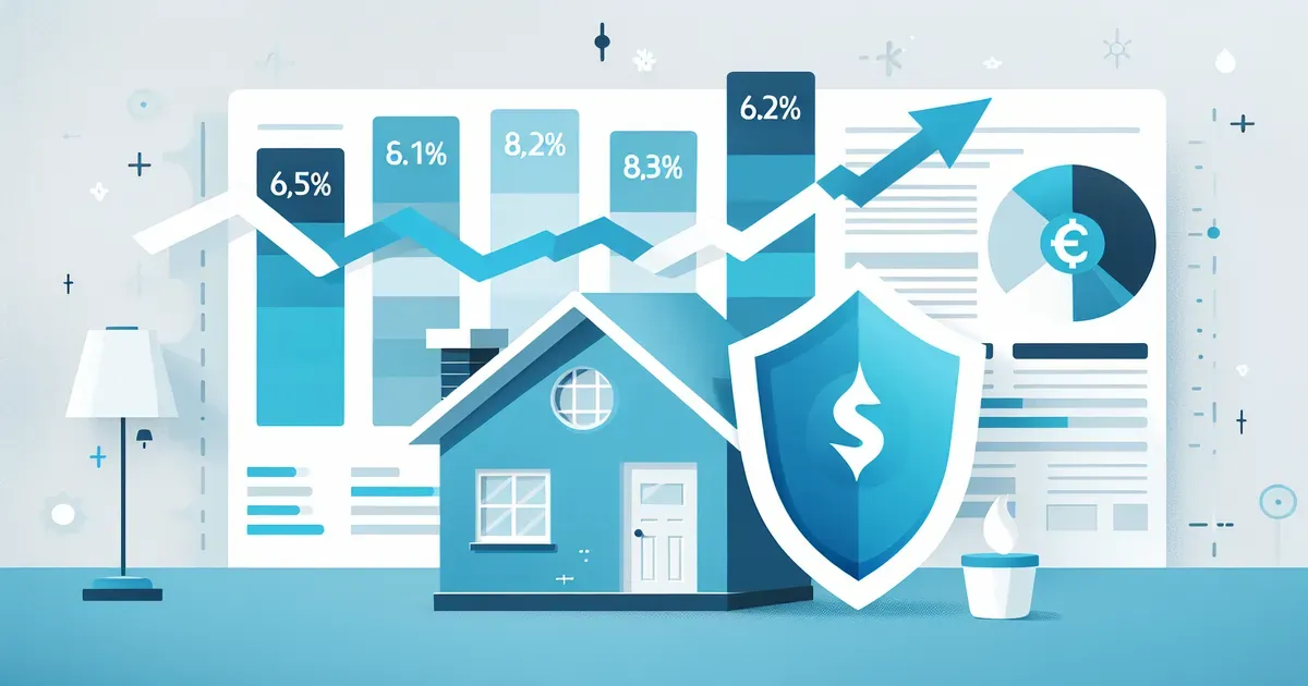 Illustrazione di una casa protetta da uno scudo energetico con bollette e frecce di rincaro sullo sfondo