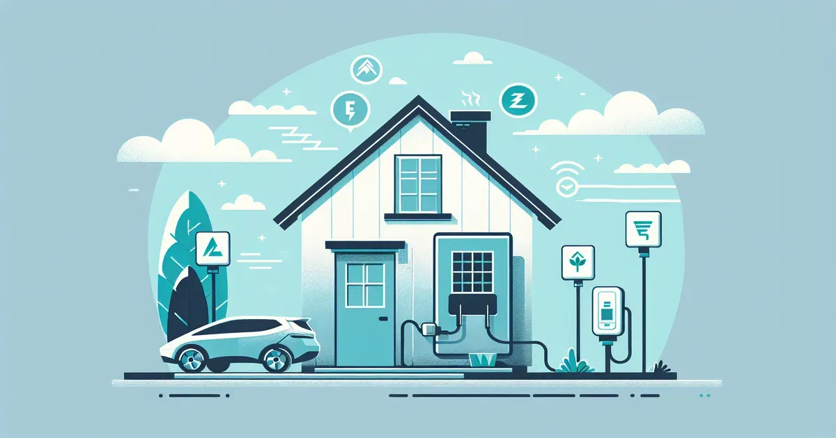 Illustrazione di una casa con wallbox di ricarica per auto elettrica e simboli di incentivi green