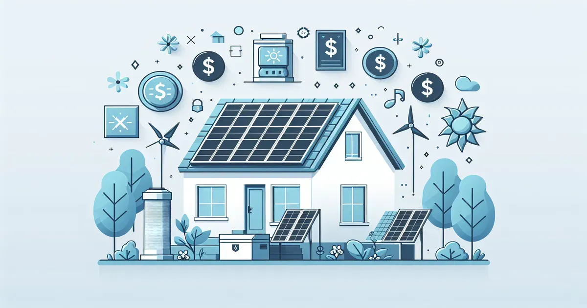 Illustrazione di una casa con pannelli solari e sistema di accumulo energetico con simboli di agevolazioni fiscali