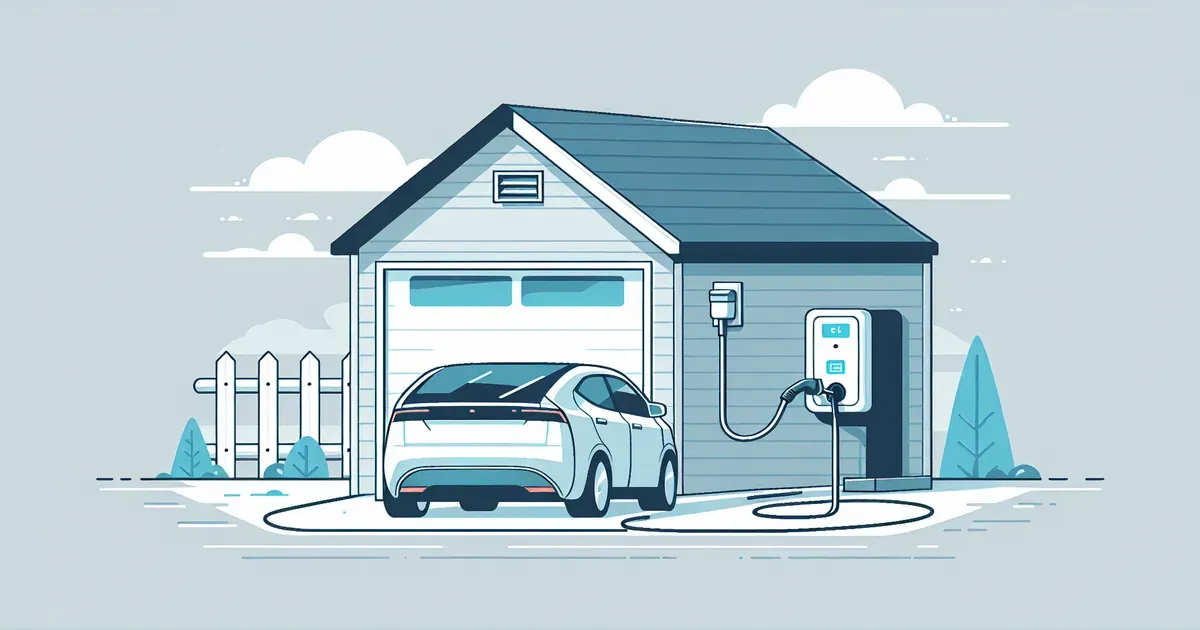 Illustrazione di una wallbox installata a parete in un garage domestico con un'auto elettrica in ricarica