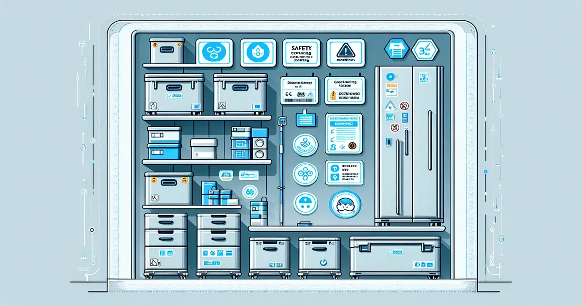 Illustrazione di un sistema di accumulo domestico con simboli di sicurezza e certificazioni