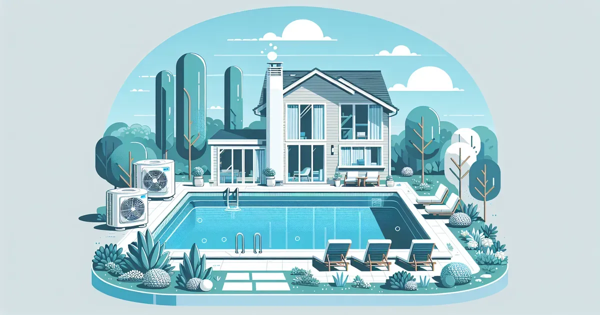 Piscina residenziale con sistema di riscaldamento a pompa di calore ad alta efficienza immerso in un giardino curato