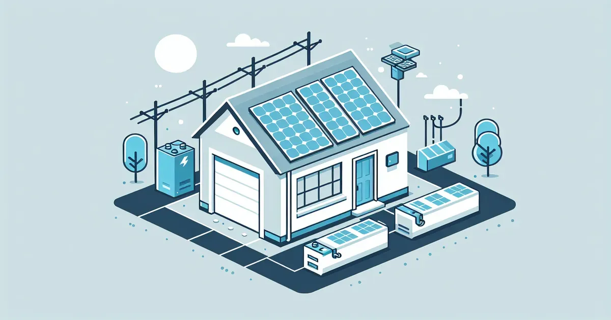 Illustrazione flat vector di una casa con pannelli solari e batteria di accumulo collegata all'impianto domestico