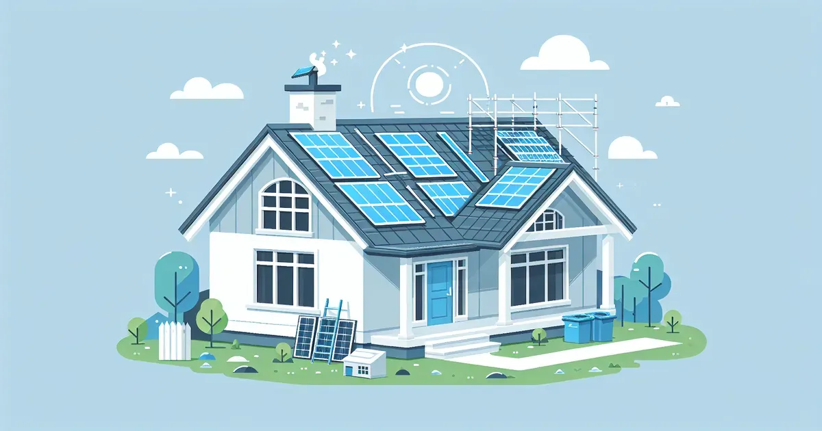 Illustrazione vettoriale flat di una casa con tetto in fase di ristrutturazione e pannelli solari integrati nella copertura