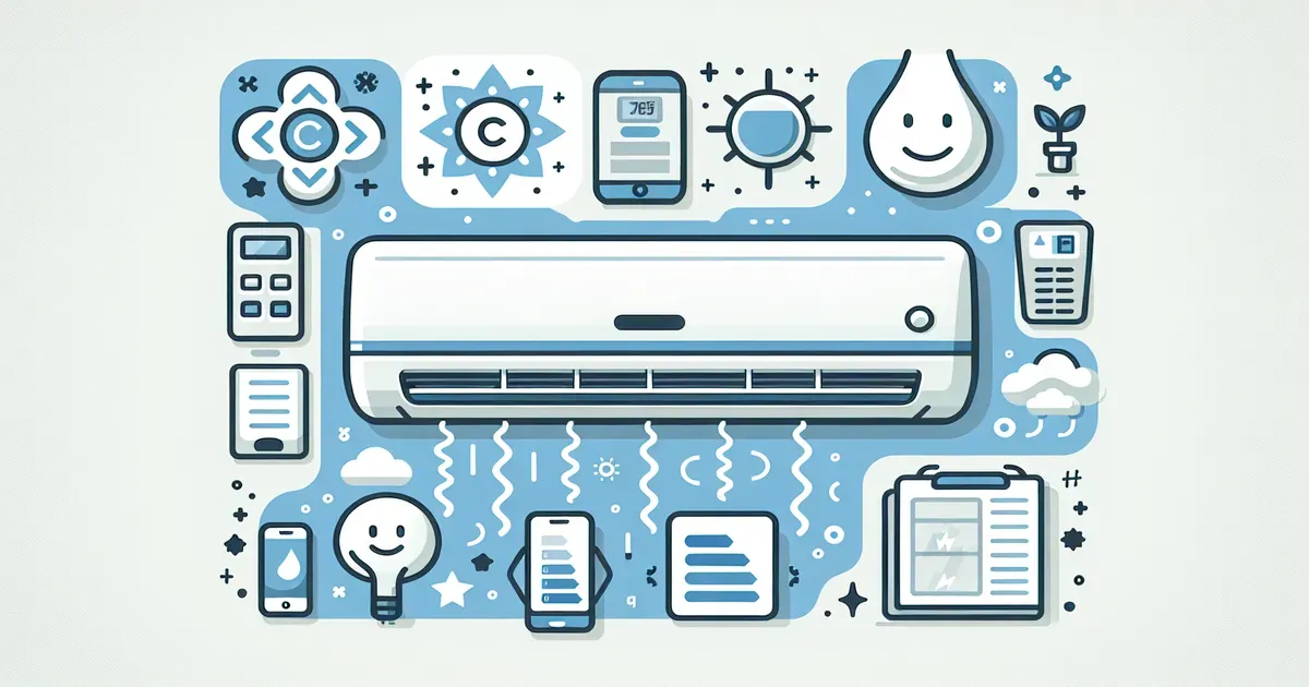 Illustrazione di un climatizzatore domestico con simboli di efficienza energetica e comfort