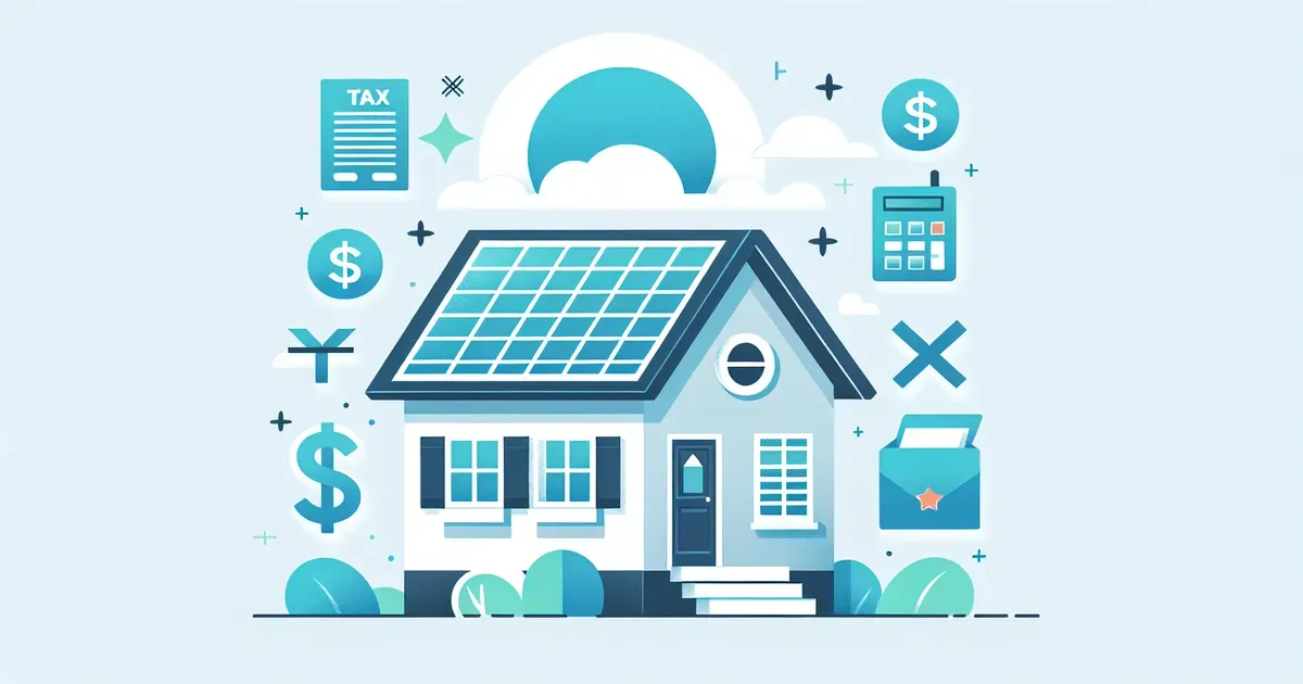Illustrazione di una casa con pannelli fotovoltaici e simboli fiscali relativi alla dichiarazione dei redditi