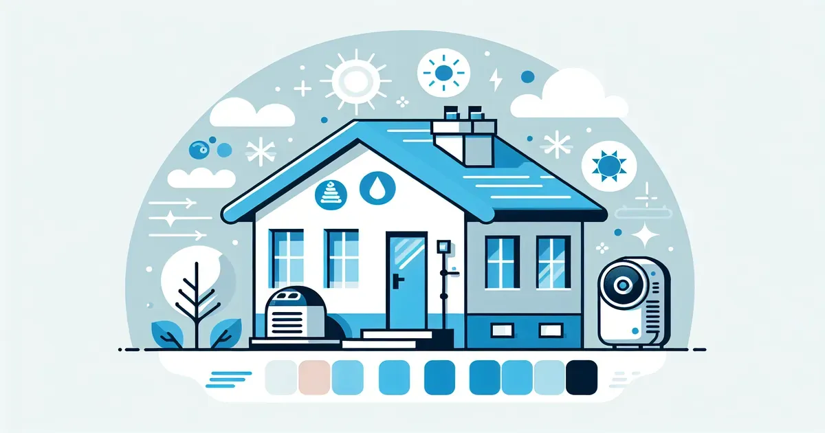 Illustrazione di una casa con pompa di calore e simboli di risparmio energetico